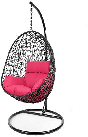 Kideo Komplettset: Hängesessel mit Gestell & Kissen, Poly-Rattan, Schaukel, Lounge (Gestell- und Korbfarbe: schwarz, Kissen: pink Nest (3333 hot pink))