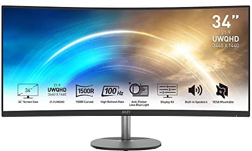 MSI PRO MP341CQ 34 Curved Monitor, 1500R, UWQHD (3440 x 1440), 21:9, 100Hz, VA, 4ms, HDMI, VGA, Built-in Speakers, Anti-Glare, Anti-Flicker, Less Blue light, TÜV Certified, VESA, Kensington