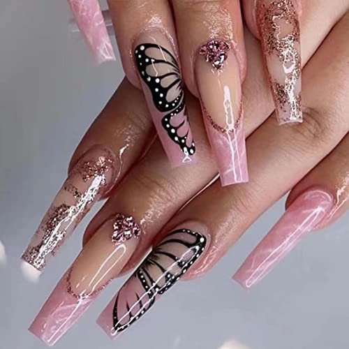RUNRAYAY 24Pcs Press on Nails Long Coffin, Pink Butterfly Fake Nails with Design, Acrylic False Nails for Women and Girls