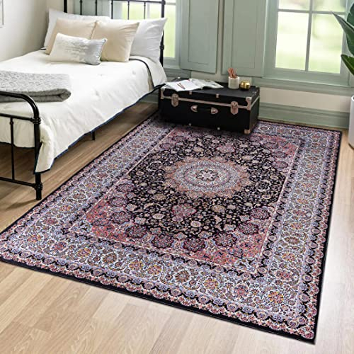 Mazovia Orientalisch Vintage Teppich - Kurzflor Waschbar - Weich Traditioneller Teppich für Wohnzimmer, Schlafzimmer, Esszimmer – Oriental Teppiche - Schwarz 120 x 170 cm