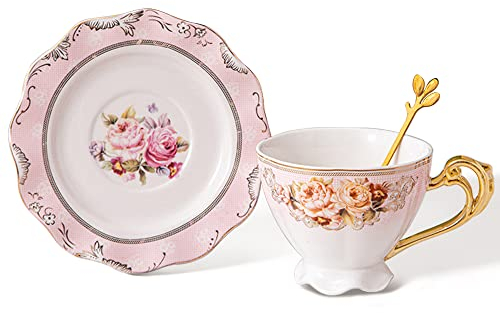 fanquare Taza y Plato de Cerámica para Té 200ml, Taza y Plato de Café Flor con Borde Dorado, Taza de Té Rosa Claro