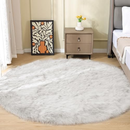 ORINOVA Teppich Rund Weiß 180 cm Kuschel Flauschig Kunstfell Teppich Fellteppich Weich Schlafzimmer Wohnzimmer Bettvorleger Waschbar