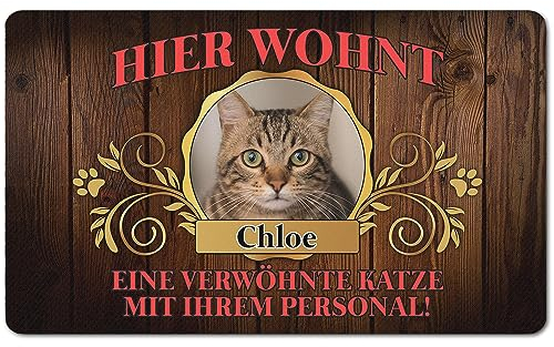 PERSONALISIERTE Fußmatte mit Foto und Namen Matte Lustiger Tierliebhaber Fußabstreifer; Waschbarer Fußabtreter für Innen und Außen vor der Tür, ins Haus Motiv Katze Diener [140]