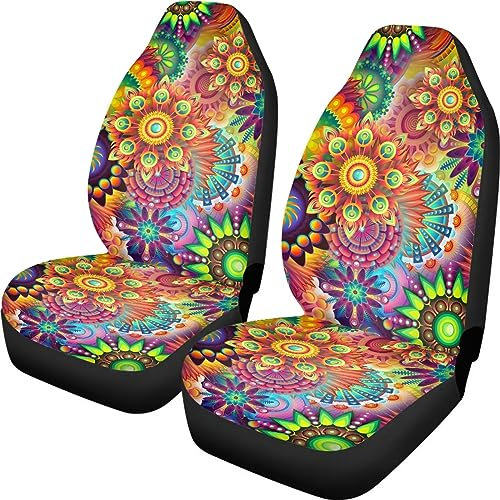 ZIATUBLES Bunte Trippy Mandala Blumen Muster Vordersitzbezug Auto Sitzbezüge für Pkw, LKW, SUV oder Van Autositzbezug Set von 2