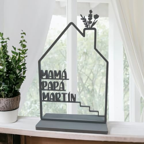 Tres Aristas Casa Personalizada con Nombres para Decoración de Hogar + Letrero Love - Regalo Original para Parejas, Aniversarios, Dia de La Madre, San Valentín - Recuerdo Especial - Modelo Flores