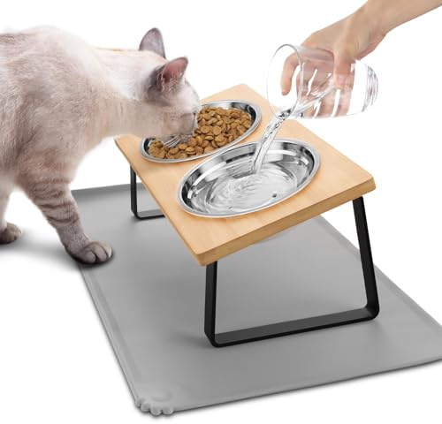 Vmglgig Cat Bowl, 2PCS Stainless Steels Cat Food Bowls With 15° Tilted Wood Stand, Raised Cat Bowls for Food and Water, Bamboo Cat Feeding Station with Cat Food Mat for Cats and Puppy (2 Bowls)