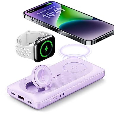 VRURC Power Bank Magnetico, Caricabatterie Portatile da 10000 mAh, Caricabatterie Wireless 3 in 1, Ricarica Rapida da 22,5 W Compatibile con iPhone, Apple Watch Ecc - Viola