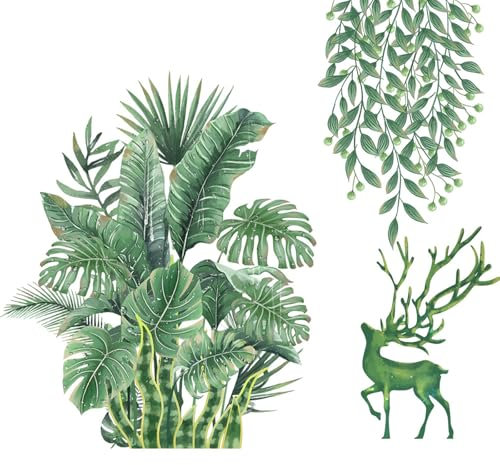 2PC Green Wall Stickers,Plants Wall Decals,Green Tropical Palm Tree Leaves Deer Wall Decor Peel and Stick,Hanging Vine Window Stickers,Removable Wall Art Decor,Bedroom Living Room TV Sofa Wall Decor