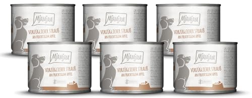 MjAMjAM – Premium Nassfutter für Hunde - vorzüglicher Strauß an fruchtigem Apfel, 6er Pack (6 x 200g), getreidefrei mit extra viel Fleisch