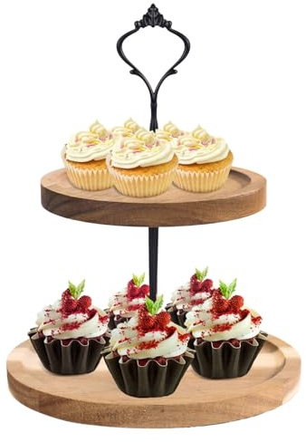 Soporte para Tartas o Cupcakes de Madera, Base para Tartas, Soporte para Servir con Mango de Metal, Soporte de 2 Niveles para Postres, Tartas, Navidad, Bodas, Cumpleaños