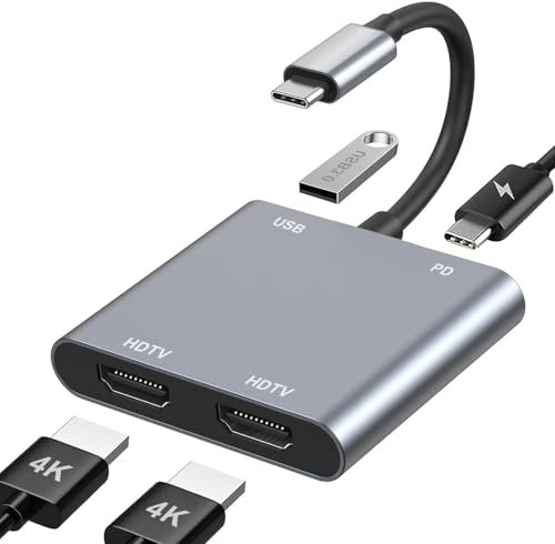 USB C auf Dual HDMI Adapter, 4 in 1 Typ C to HDMI Splitter for Dual Monitors mit 2 * 4K+USB 3.0+PD 100W, USBC Hub Multiport Adapter für MacBook Pro/Air, iPad, Surface, Dell, Chromebook