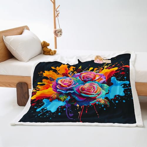 Plaid Orange Rose Bleu Jeté de Canapé Flanelle et Laine Agneau Plaid Canape Conception Recto Verso Couverture Mou Plaid Polaire Soins Faciles Plaide Lavable Couverture Laine 80x150cm