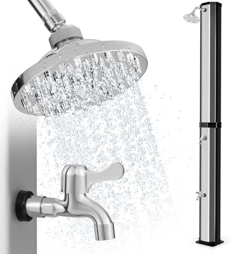 SOARS Douche Solaire Extérieure 60L, Hauteur 227 CM, Température Max 60℃, avec Couverture de Protection, Pomme de Douche Rotative à 360°, Robinet pour Pieds, pour Piscine, Plage, Jardin (Noir+Argenté)