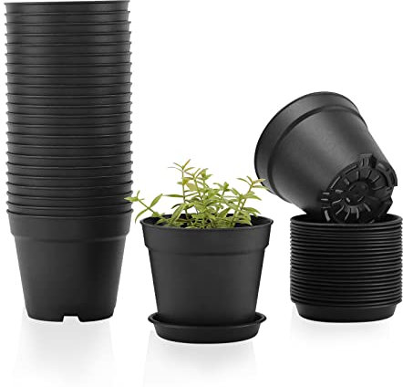 FORAGIFT 10cm Small Plant Pots, 24 Pack Plastic Herb Pot with Drainage Hole and Tray, Seed Seedling Pots Flower Nursery Pots for Vegetables, Flowers, Cactus, Cuttings, Succulent, Black