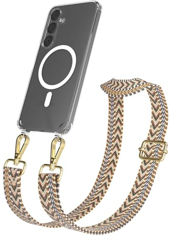 EAZY CASE Handykette - Verstellbares Taschenband kompatibel mit Galaxy S24 Plus, Schulterriemen, Handykordel mit Silikon Hülle, Qi Charging kompatibel, Umhängetasche, Braun Gold