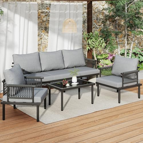 Kayan Gartenmöbel Set, Gartenlounge Set mit bequemen Kissen, 3er Sofa, 2 Sessel und Couchtisch, Outdoor, Glastischplatte, geflochtene Seilarmlehnen, verzinkter Stahl, Grau