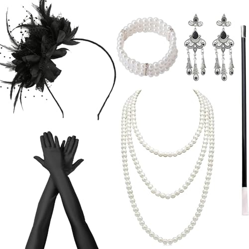 DTAOZFA 20er Jahre Accessoires, 1920s Accessoires Set Für Damen, 20er Jahre Kleid Zubehör, Perfekt Für Karneval, Tanzparty Mit Stirnband, Armband, Halskette, Handschuhen, Ohrringen, Rohr