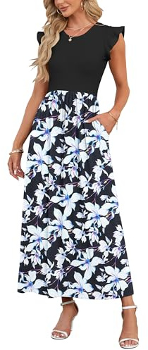 AUSELILY Sommer Maxikleider Dame mit Taschen Hohe Taille Lang Strandkleid | Elegante Blütenblatten Kurzarm Rundhals A Linie Abendkleider Freizeitkleid Sommerkleid Party Hochzeitsgäste Bodenlanger Rock