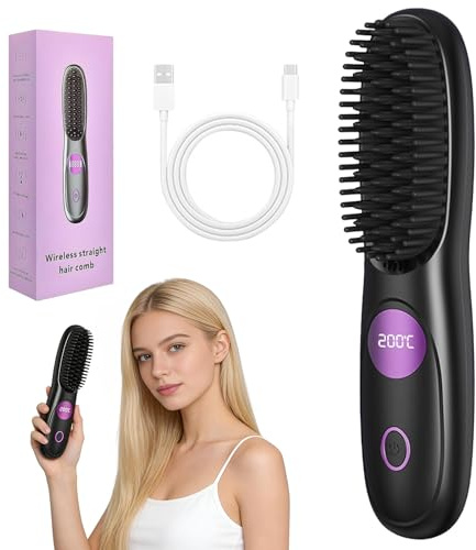 Cefryna Stylingbürste für kurze Haare：Elektrisch Glätteisen mit Kabellos 3 Wärmestufen - Glättbürste Kabellos für Kurze & Langes Haare - Kompakte Rundbürste für Pixie & Bob mit Volumen