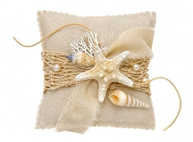 ZauberDeko Ringkissen Hochzeit Strandhochzeit Maritim Seestern Leinen Natur Creme 14 cm