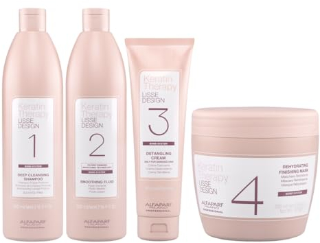 ALFAPARF Lisse Design Keratin Therapy Tratamiento Alisador Completo Deep Cleansing Shampoo 500ml + Smoothing Fluid 500ml + Detangling Cream 125ml + Mask 500ml