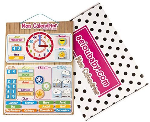 MAGNETISCHE KINDER-KALENDERUHR, Lernspiel Datum Wetter und Zeit für Wand oder Kühlschrank, 43x32cm. Ideale Box als Geschenk zum Kindergeburtstag in der Schule oder im Kindergarten (Französisch)