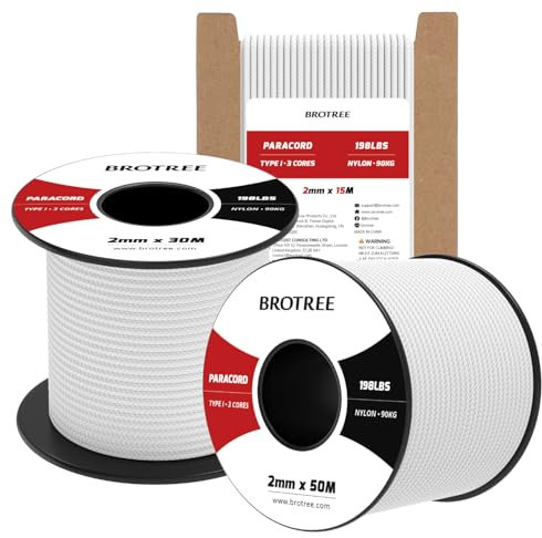 Brotree 2mm Paracord 3 Fili 30M 100% Nylon Corda da Paracadute per All'aperto, Artigianato, Fatto a Mano - 90kg Carico di Rottura (Bianco)