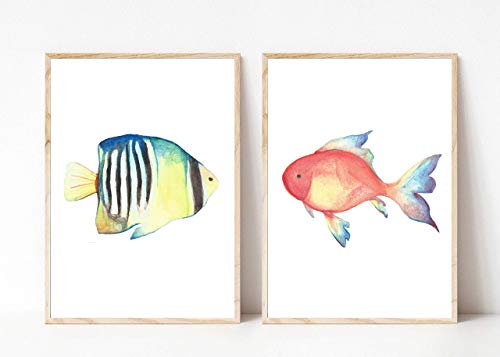 Din A4 Kunstdruck ungerahmt 2-teilig - Fisch Fische Duo Meerestier Maritim Aquarell, Orange, Gelb Deko, Badezimmer Geschenk Druck Poster Bild