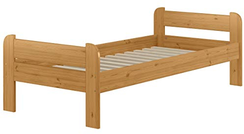 Einzelbett 90x200 Kiefer Echtholz in Eicheton gebeizt mit wählbarem Zubehör V-60.39-09E, Ausstattung:Rollrost inkl.