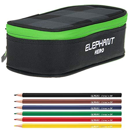 Elephant Mäppchen Mädchen Etui Federtasche Mäppchenbox groß Pennal Schülermäppchen Pencil case Box Large 12644 + 6 Stifte (Plaid Grün (Karo Grün Grau)