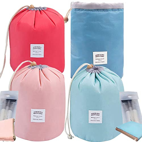 INVODA Sacs de maquillage de voyage étanches - Multifonctionnels - Seau de toilette - Trousse de toilette pour salle de bain - Trousse de toilette pliable et portable, Rose + rouge + vert + bleu