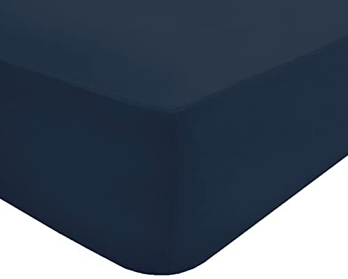 Sleepdown Fitted Sheet Polycotton Easy Care Non-Iron Super Soft 25 cm Deep Pocket Bedsheet Bed Linen - King - Navy