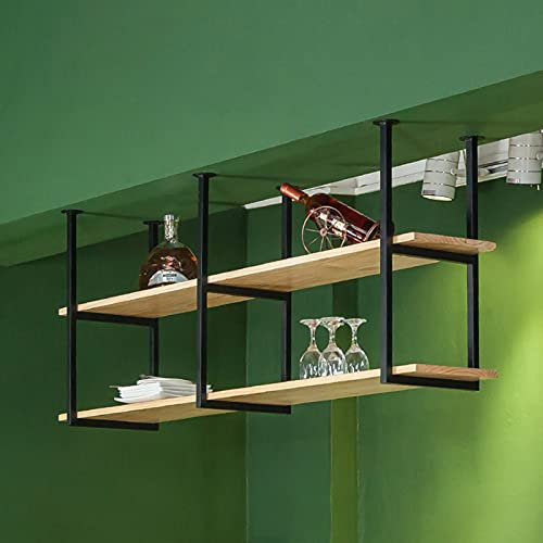 YDYFC Tablette de Plafond Suspendue Étagères flottantes Décor Discore Stand Fleur/Plante, Home Cuisine Bar Pot Plancher Porte-vins - Étagères en Bois + Étagère de Rangement en Fer - Noir