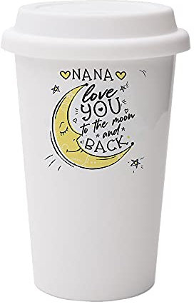Giftme Nana Love You to The Moon and Back Personalised 10oz Dual Wall Eco Insulated White Ceramic Travel Mug with White Lid. Reusable Keep Cup
