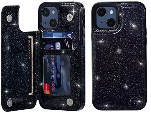 UEEBAI Case for iPhone 13 6.1 inch, Premium Glitter PU Leather Case Back Wallet Cover [Two Magnetic Clasp] [Card Slots] Stand Function Durable Shockproof Soft TPU Case - Black#2