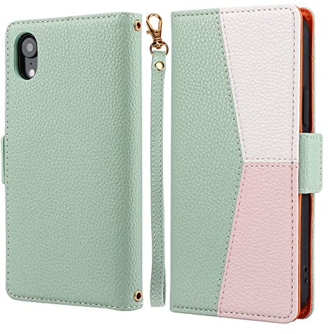 ZCDAYE Phone Case for iPhone X/iPhone XS Wallet Case with Card Slots Wrist Strap, Folio Flip Leather Cover for iPhone X/XS - Splicing Green