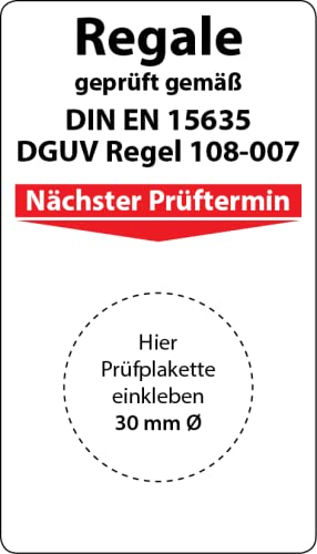 Grundplakette Regale geprüft gemäß DIN EN 15635 / DGUV Regel 108-007, 100 Stück, 70 x 40 mm, Vinylfolie, selbstklebend, Grundetikett für Regalprüfung