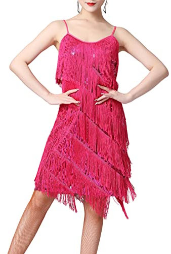 Hahaemma - Abito da donna con nappe anni ‘20, abito con frange, con spallini, stile Great Gatsby, costume da donna per feste, Carnevale, Cocktail party, Paillette-rosa, XL