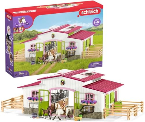 schleich 42344 HORSE CLUB – Centre équestre avec cavalière et chevaux schleich, coffret schleich avec 97 éléments inclus dont 2 chevaux et 1 personnage, coffret figurines pour enfants dès 5 ans