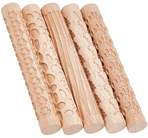 GORGECRAFT 5 Styles Manche en Bois Argile Texture Rouleau 6 Pouces Modélisation Modèle Poterie Outils Main Argile Dalle Rouleaux Broches pour Céramique Biscuits
