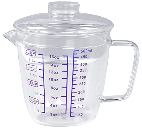 Verre à Mesurer Transparent Verres Doseur en Verre 500ML Tasses Gradués en Béchers Résistant à Chaleur Micro-Ondes Tasses Échelle avec Couvercle pour Eau Froide Lait Jus Café