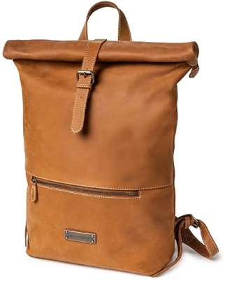 DRAKENSBERG Leder Roll-Top Rucksack 'Ryan' für Damen, Herren - Kurier- und Fahrrad-Rucksack mit Laptopfach, bis 25L - Cognac-Braun, DR00328