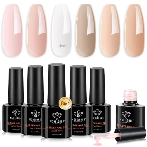 modelones Aufbaugel für Gelnägel, 6 Farben Builder Gel 8 in One Clear Rosa Nude Braun für Strengthener Extension Gel Rubber Base Nagelverlängerung, Nail Repair Nail Art Maniküre DIY