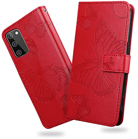 DENDICO Hülle für Galaxy S20, PU Leder Magnetverschluss Flip Handyhülle Schutzhülle mit Standfunktion und Kartenfach für Samsung Galaxy S20, Rot