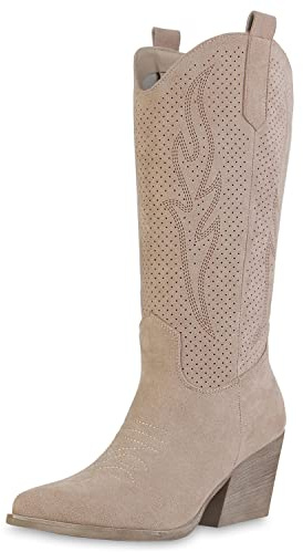 VAN HILL Damen Cowboystiefel Stiefel Spitze Cut-Outs Schuhe Holzoptikabsatz Western Boots Stickereien Freizeitstiefel 211569 Beige 36