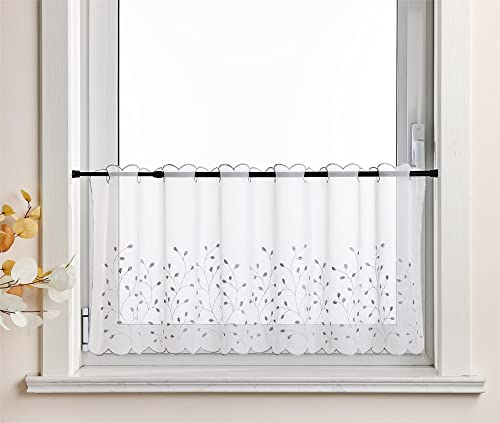 Delien Voile 1 stück Scheibengardinen Kurzgardinen Stickerei Bistrogardine »Grünland« Transparente Kurzstores Durchstangenzug Kurzvorhang mit Grasmuster Blattmuster für Küche BxH 120x45cm,Hellgrau