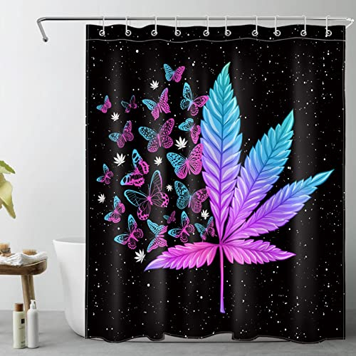 LB Lila Gras Duschvorhang 150x180cm Blauer Schmetterling Antischimmel Wasserdicht Badezimmer Vorhänge, Schwarz weißer Nachthimmel Kurz Polyester Stoff Bad Vorhang mit Haken
