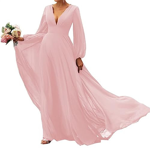 SAMHO Women's Long Sleeves Bridesmaid Dresses V-Neck Chiffon A Line Formal Dress Evening Gowns with Train Blush Pink UK10