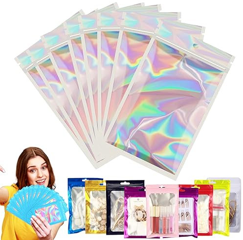 Sacchetti con chiusura lampo in lamina argentata, 100 pezzi, 12 x 18 cm, richiudibili, confezione olografica, a prova di odore, in plastica trasparente, con chiusura ermetica, per conservare alimenti