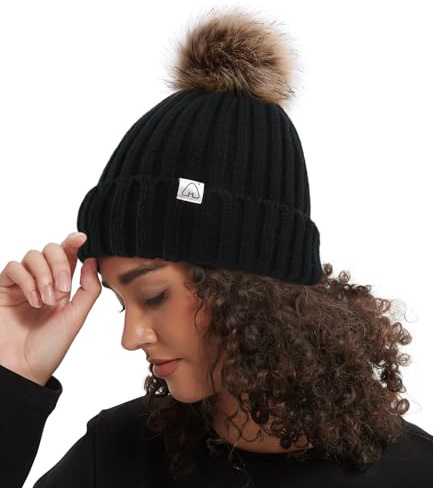 Hat Hut Bommelmütze Damen Satin gefütterte Beanie-Mütze Warme Wintermütze Mit Kunstpelz Bommel Strickmütze Pom Pom Beanie Hat